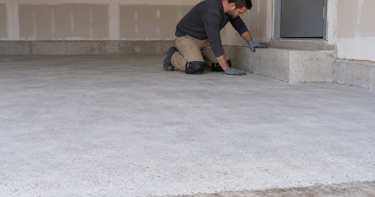 A ground garage slab checked at the step up to the house door in an attached two-car garage in Orland Park.