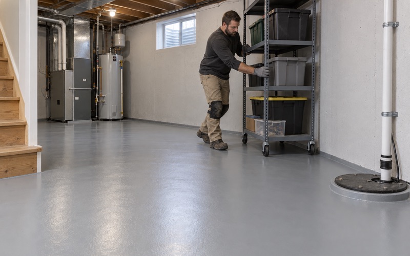 A storage shelf rolled back against the wall of an Orland Park basement newly coated in light gray epoxy, the sump rim standing proud of the floor.