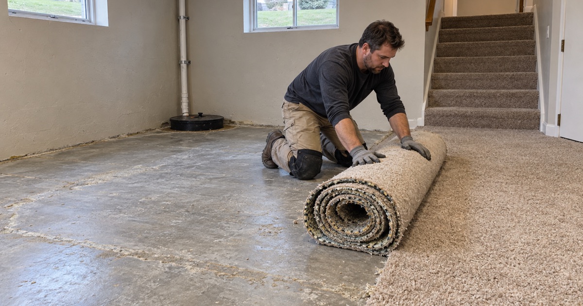 Old carpet rolled up off the bare slab of a split-level lower level in Orland Park, the sump basin in the corner.