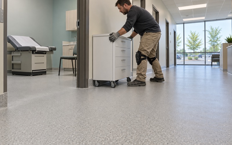A rolling cabinet set back into a medical office suite on a new quartz-coated floor in Orland Park.