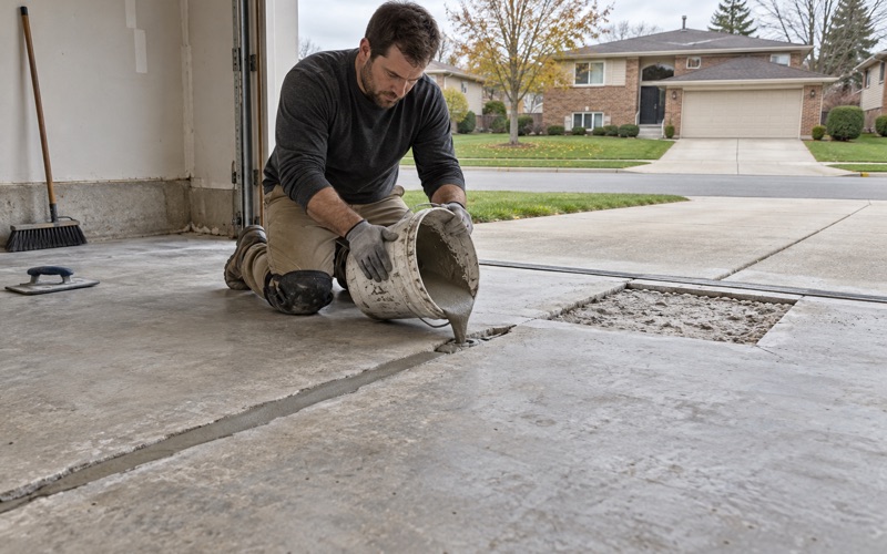 Repair mortar poured into a routed crack across an attached garage slab in Orland Park before coating.