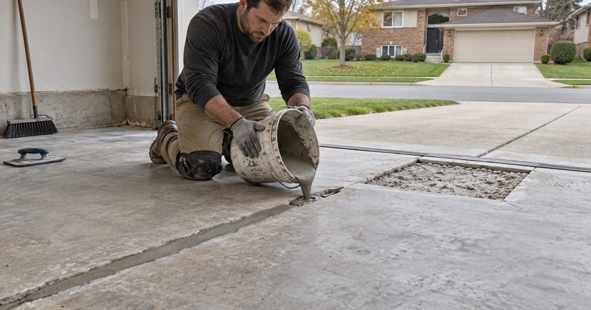 Repair mortar poured into a routed crack across an attached garage slab in Orland Park before coating.