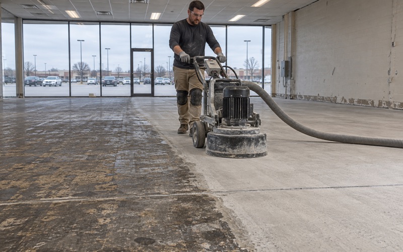 A planetary grinder opening up an old sealed slab in an empty retail suite in Orland Park.