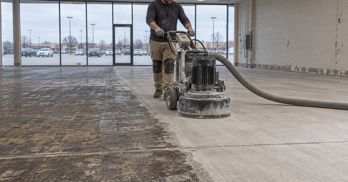 A planetary grinder opening up an old sealed slab in an empty retail suite in Orland Park.