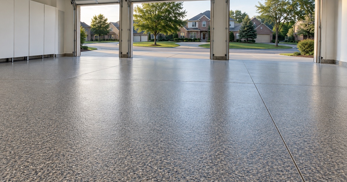 An empty, finished flake floor in an Orland Park attached three-car garage, handed back with the doors open to the driveway.