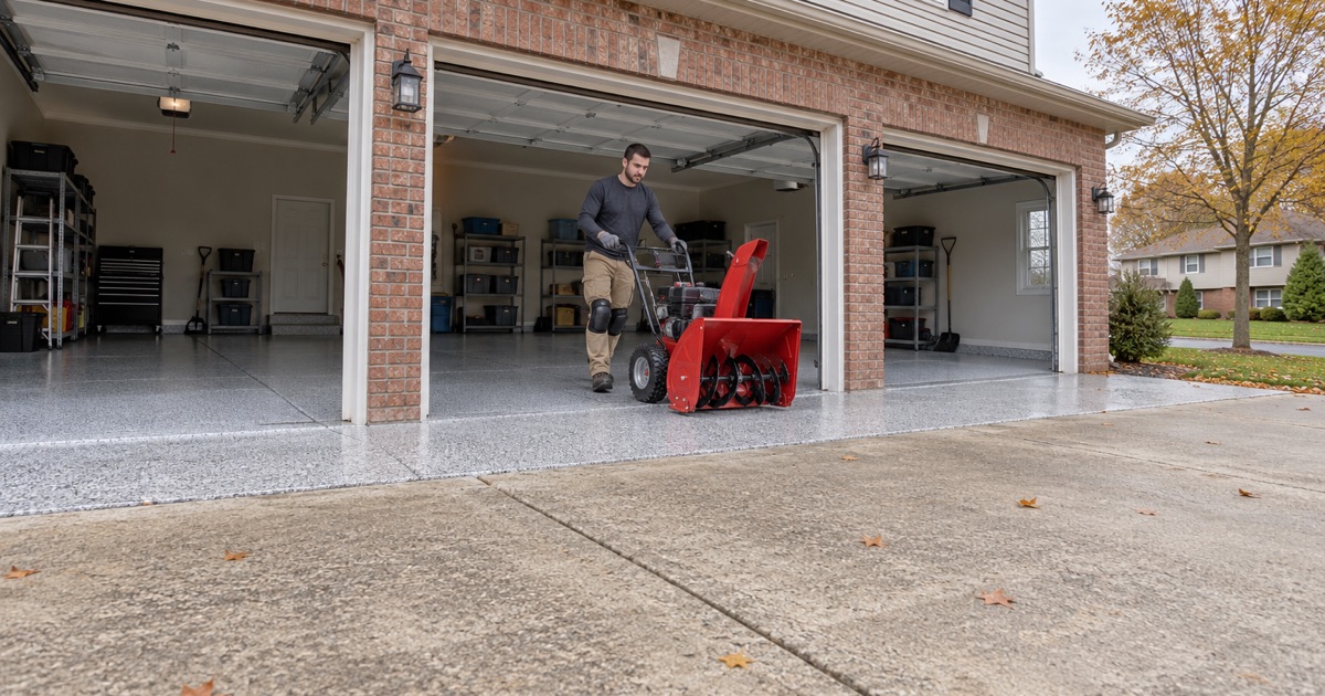 A finished gray and white flake floor in the attached three-car garage of an Orland Park two-story, a snowblower wheeled back inside.