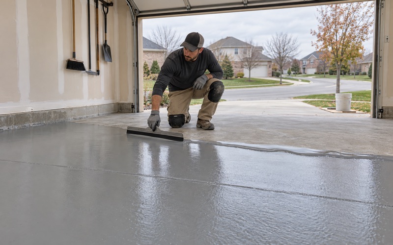 A gray epoxy base coat being spread across an attached garage floor in an Orland Park subdivision.