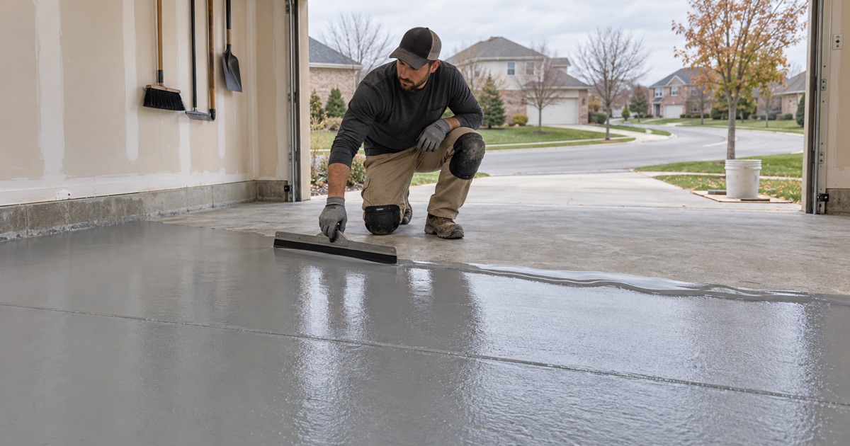 A gray epoxy base coat being spread across an attached garage floor in an Orland Park subdivision.