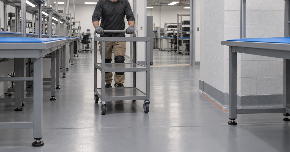 A cart rolled down a static-dissipative floor between electronics assembly benches in an Orland Park plant.
