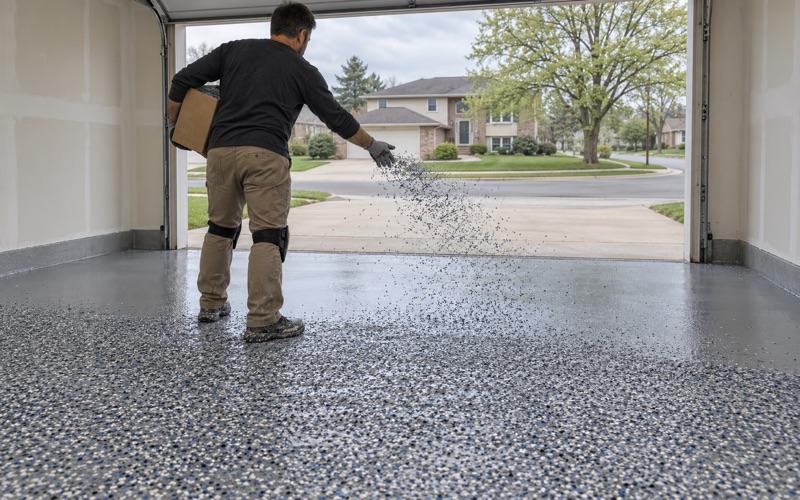 Vinyl chip mid-broadcast over a wet base coat in the attached garage of an Orland Park two-story.
