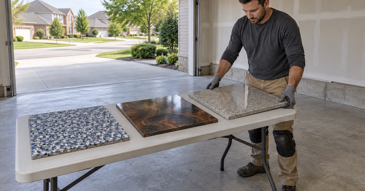 Flake, metallic and polished concrete sample boards laid out on a table inside an Orland Park attached garage.