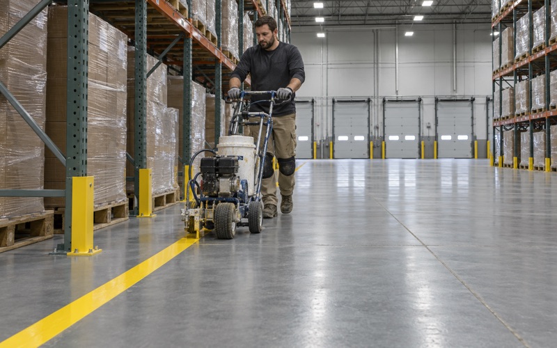 A yellow aisle line laid on a coated warehouse floor in an industrial park near Orland Park.