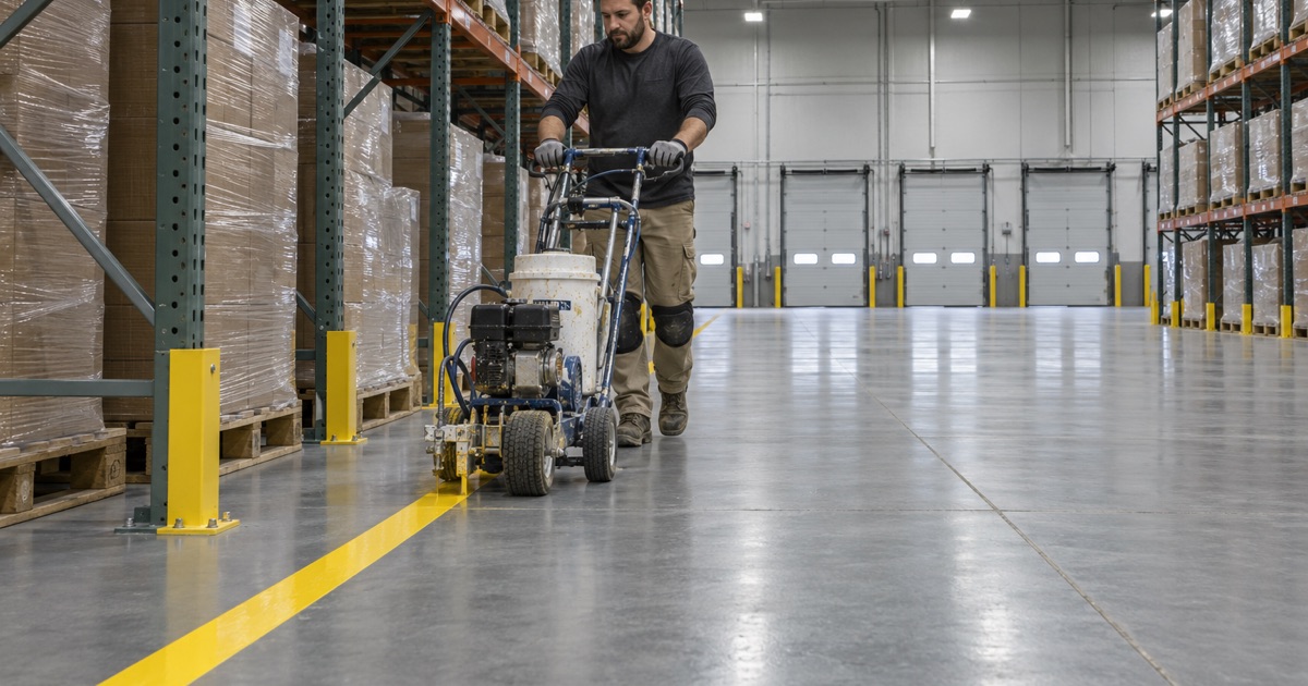 A yellow aisle line laid on a coated warehouse floor in an industrial park near Orland Park.