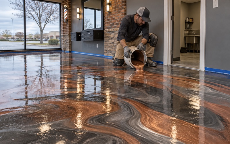 Copper and charcoal metallic epoxy poured across a barbershop floor in an Orland Park strip center.