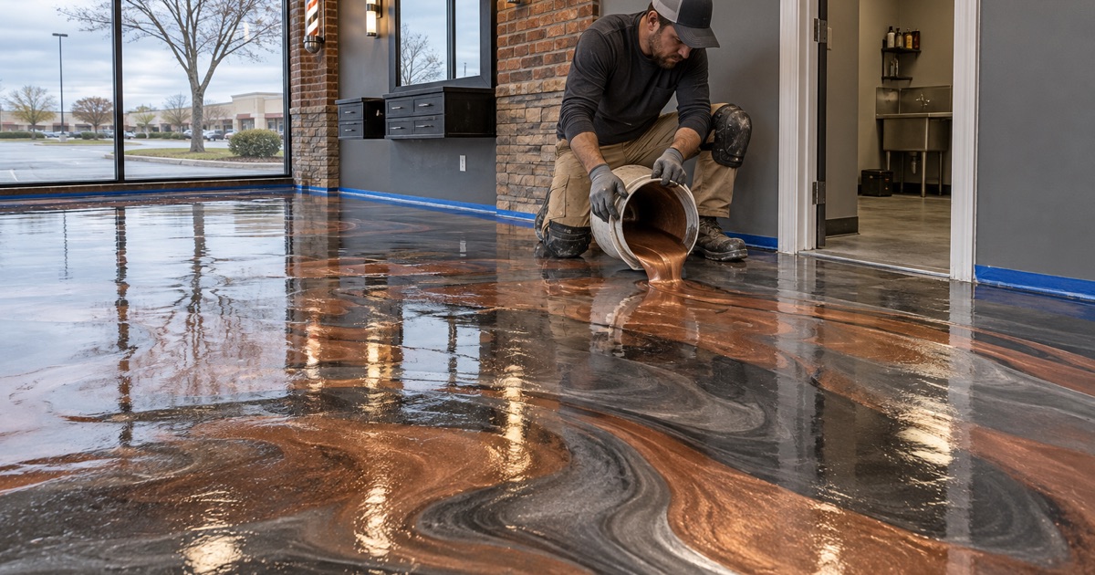 Copper and charcoal metallic epoxy poured across a barbershop floor in an Orland Park strip center.