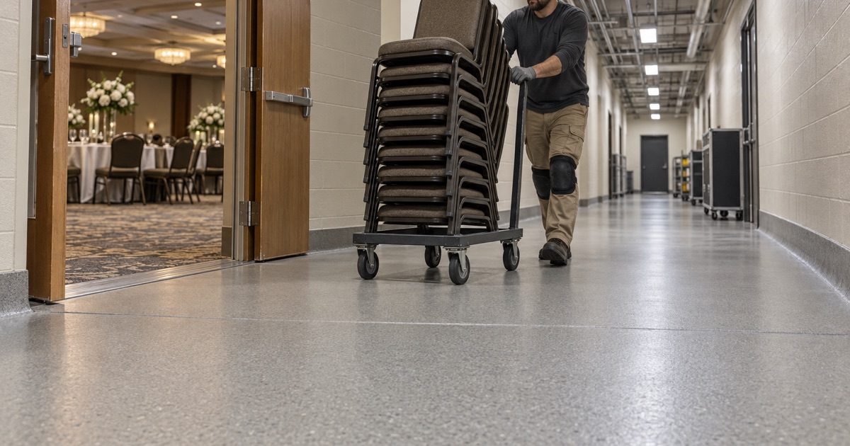 Banquet chairs wheeled across a quartz-coated service corridor behind a ballroom in an Orland Park banquet hall.